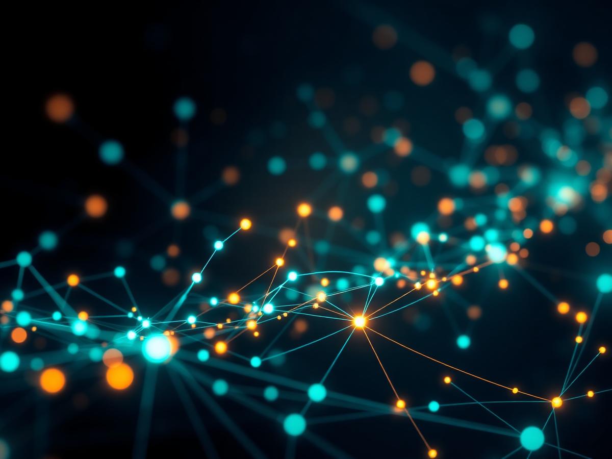Glowing teal neural-network mesh representing AI agent orchestration