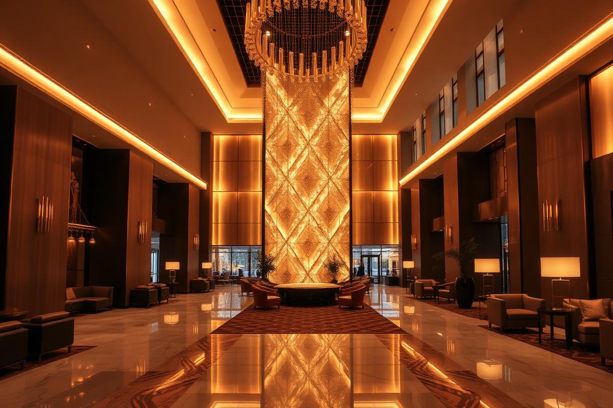 Hotel lobby with warm lighting representing the hospitality sector