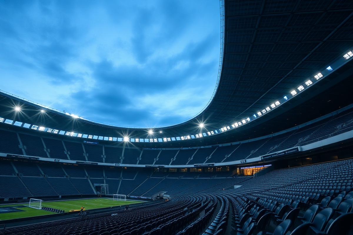 Packed stadium under floodlights representing sport and leisure clients